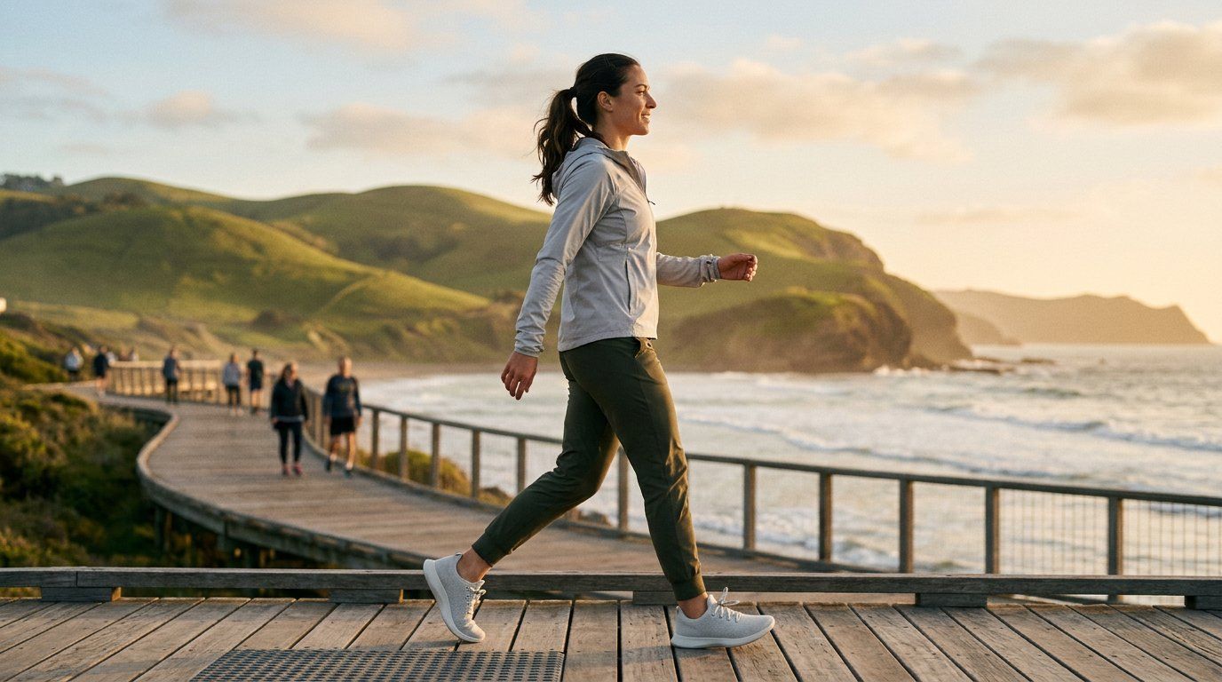 A walker in light walking shoes striding along a coastal boardwalk at golden hour