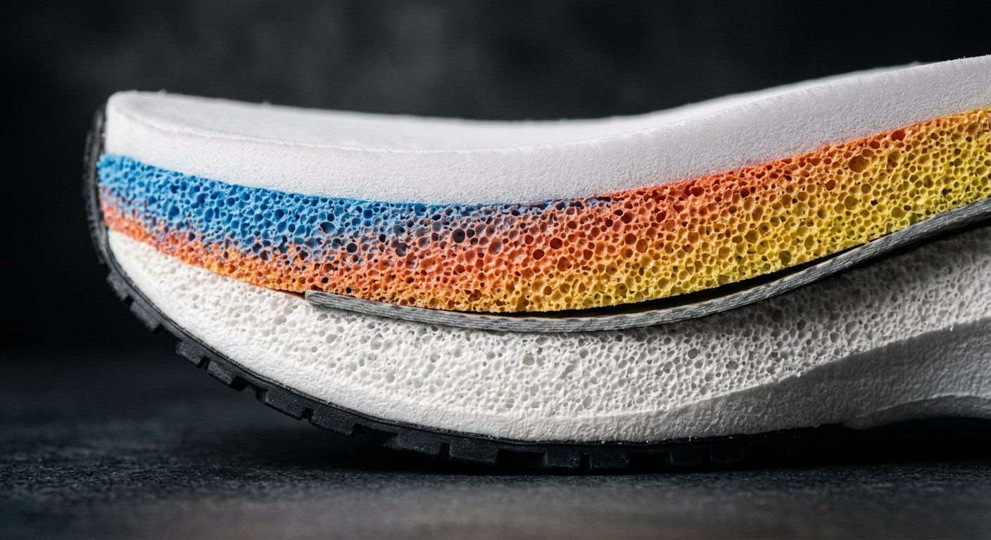 Cross-section of a shoe midsole showing foam layers