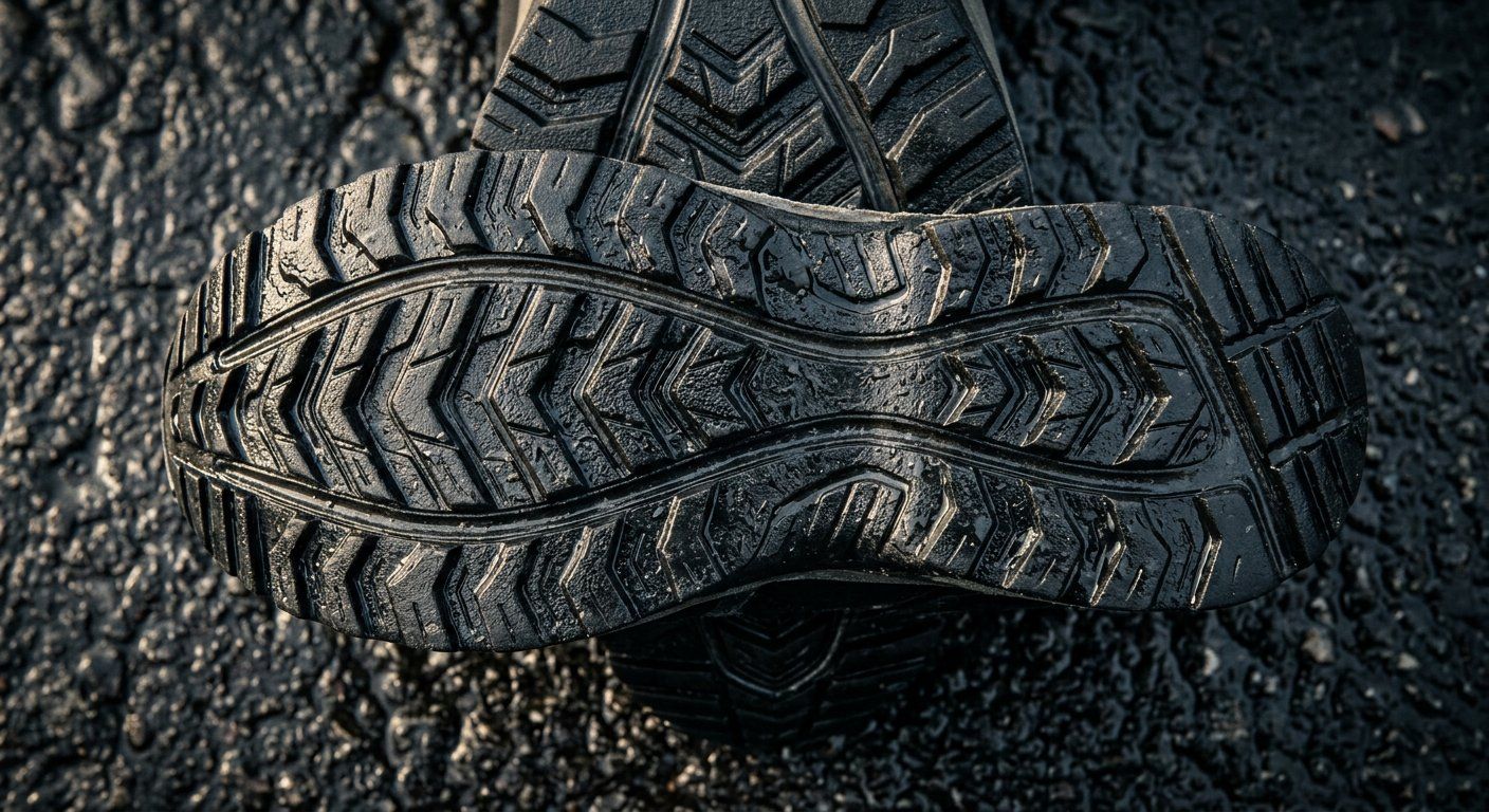 Macro of an outsole tread pattern on wet asphalt
