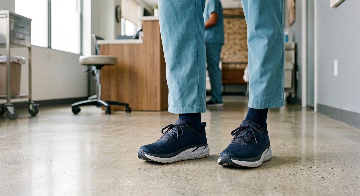 A worker standing on a clinic floor in work shoes