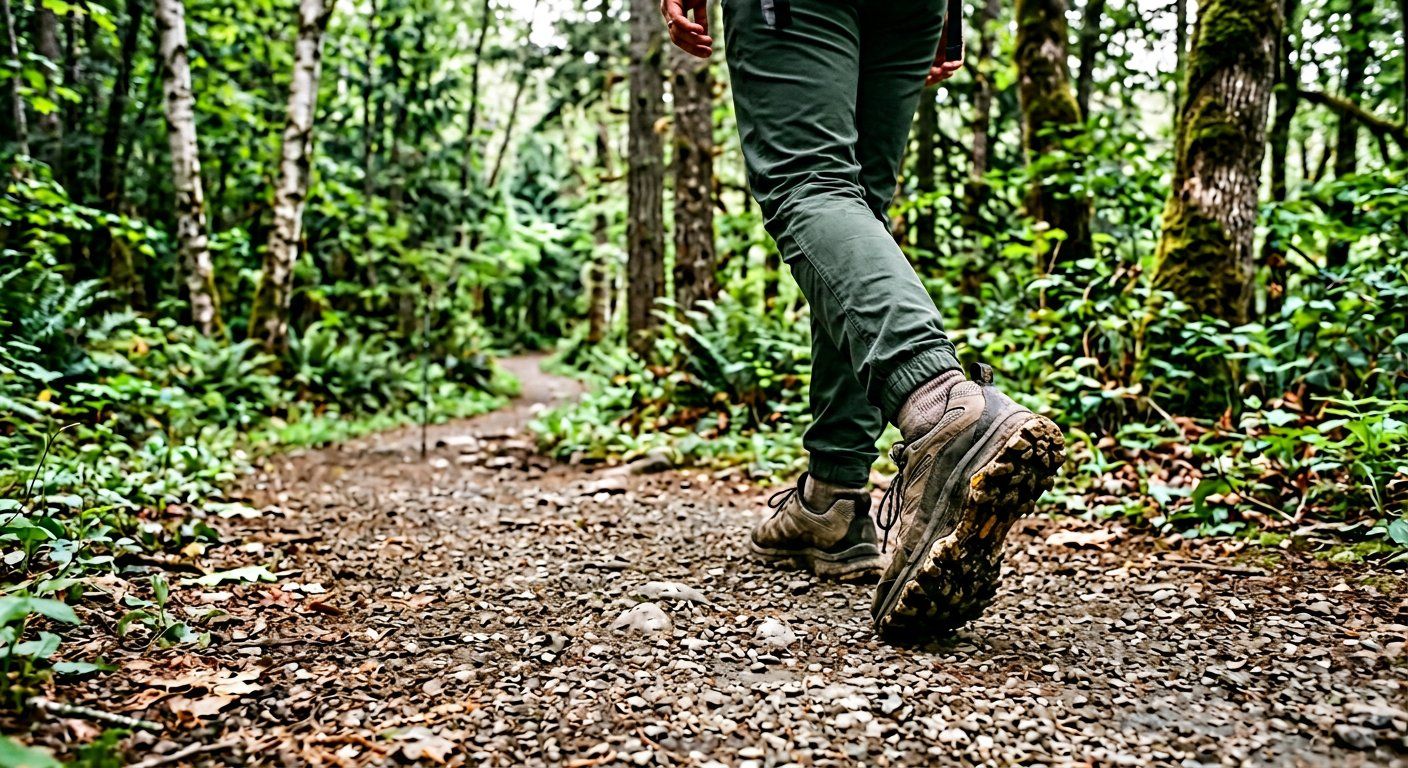 A walker on a packed gravel trail in trail shoes