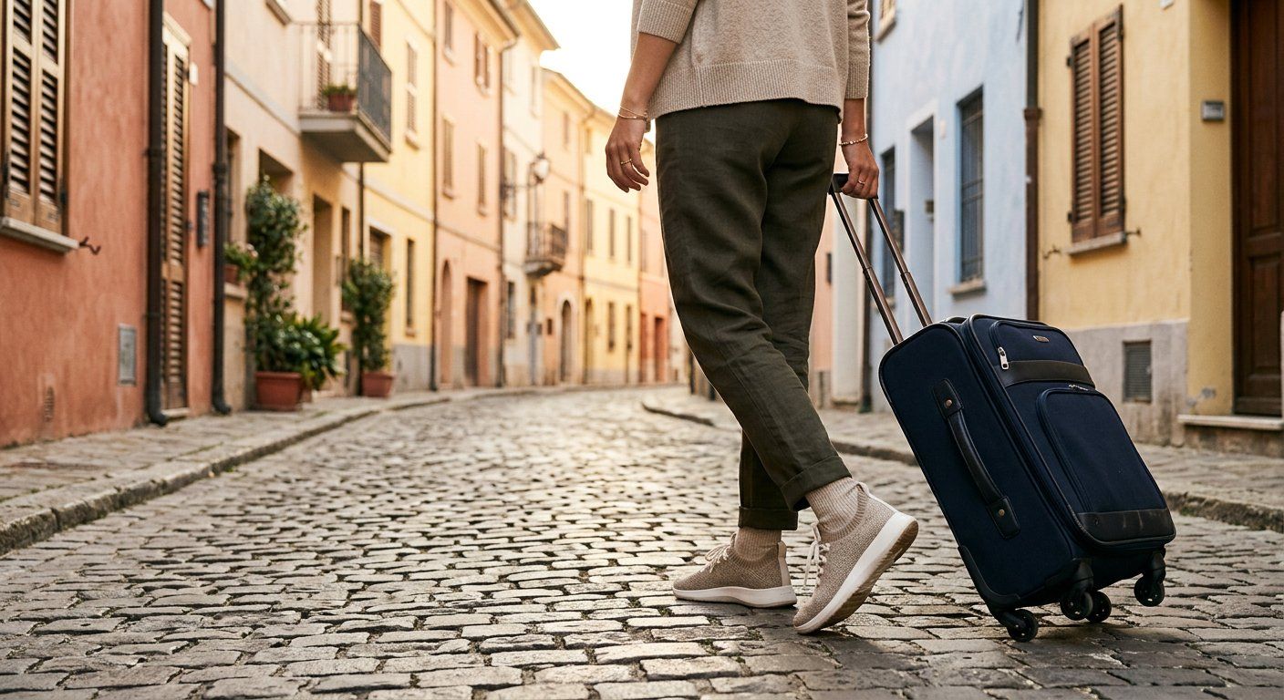 A traveler walking on cobblestones with a suitcase